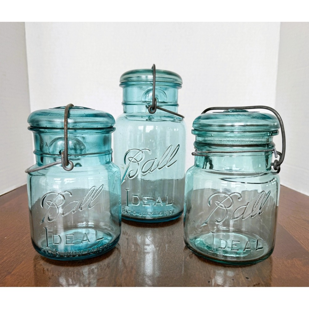 Lot of 3 Ball Jars with Glass Lids with Wire Bails Ideal Pat'd July 14 1908